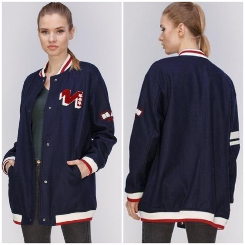 💋 Zara Navy Varsity Jacket with Red and White Trim